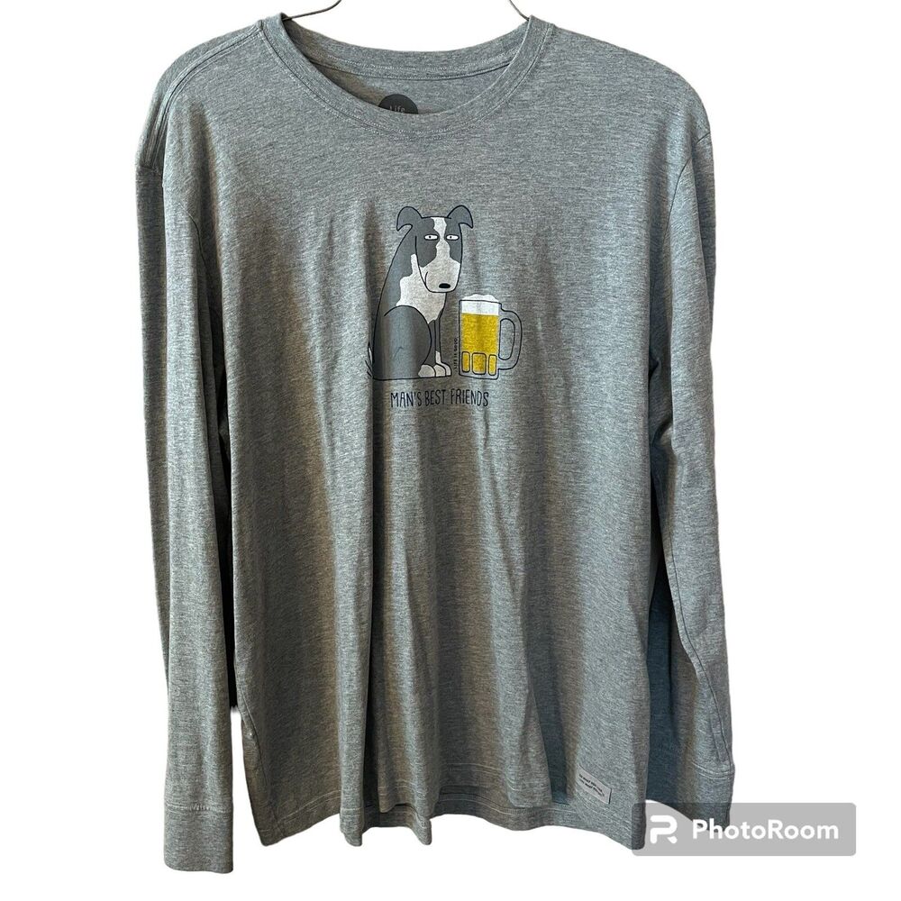 Life Is Good Shirt Long Sleeve Mens XL Gray Crusher Tee Mans Best Friend Dog